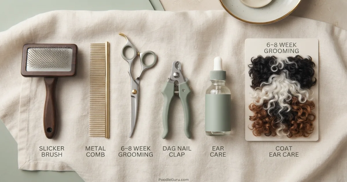 Grooming tools for Bernedoodle coat care arranged on a cream linen surface