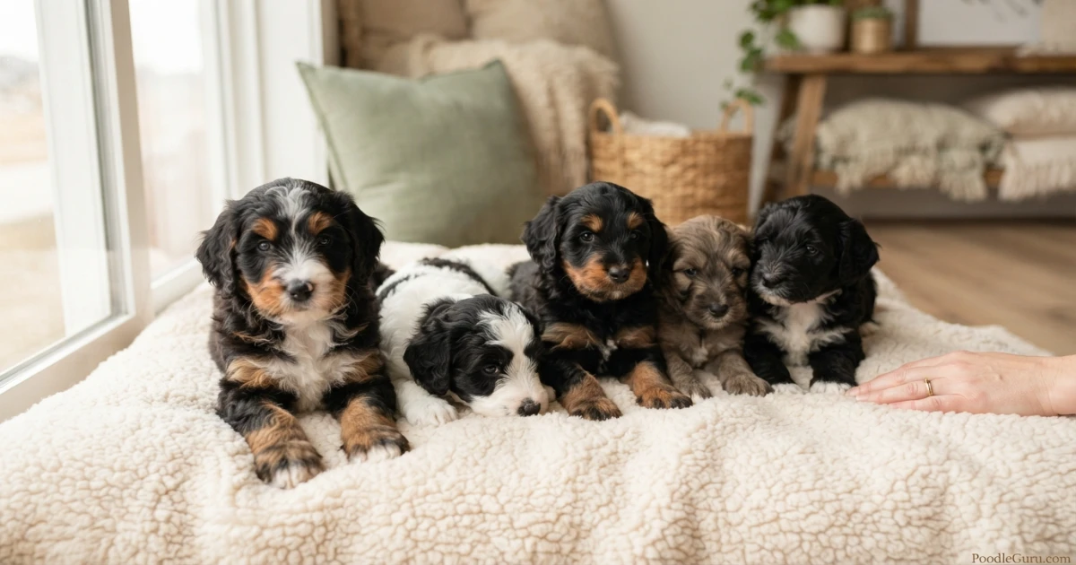Bernedoodle puppies with varied coat markings gathered on a cream blanket in natural light