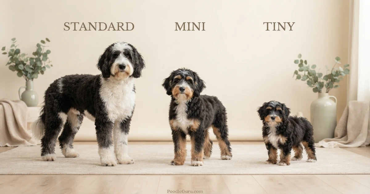 Side-by-side size comparison of Standard, Mini, and Tiny Bernedoodles