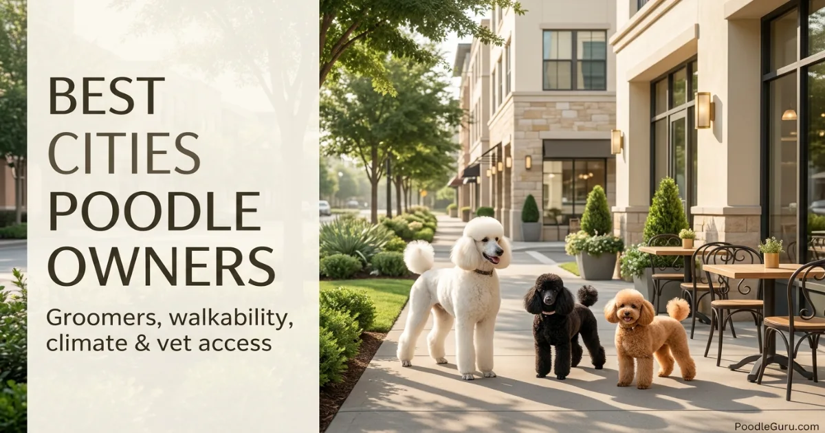 Standard Poodle walking in one of the best cities for poodle owners with a dog-friendly sidewalk and cafe