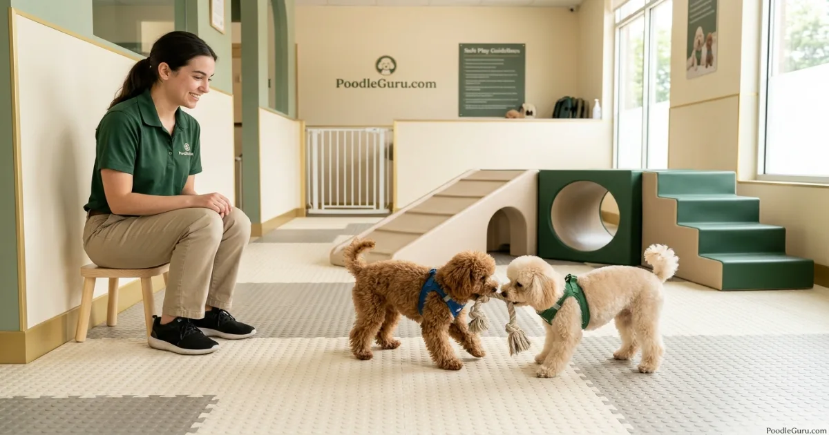 Well-supervised small dog playgroup at a boarding facility
