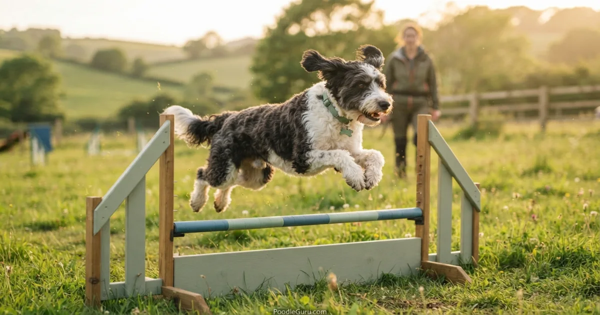 Bordoodle jumping over a low agility hurdle during training