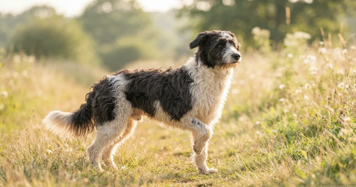 Bordoodle Border Collie Poodle mix with black-and-white wavy coat in natural outdoor light