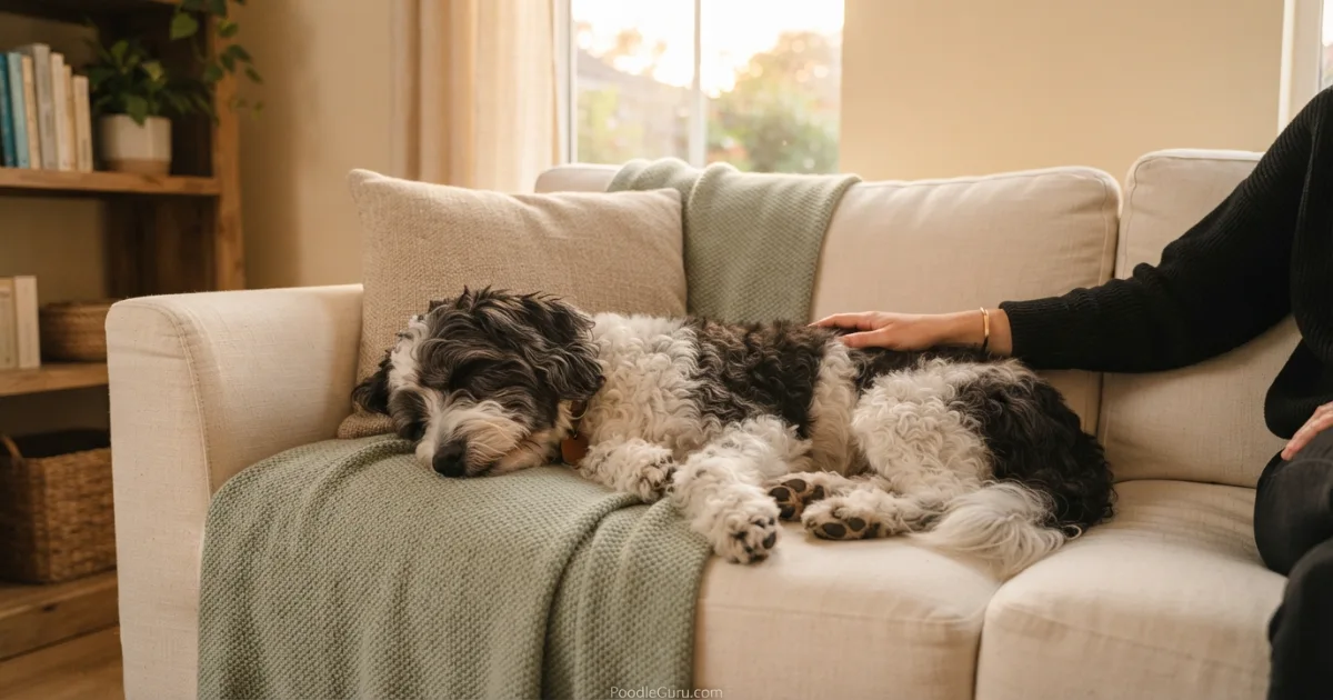 Bordoodle resting calmly beside owner on a cream sofa in warm natural light