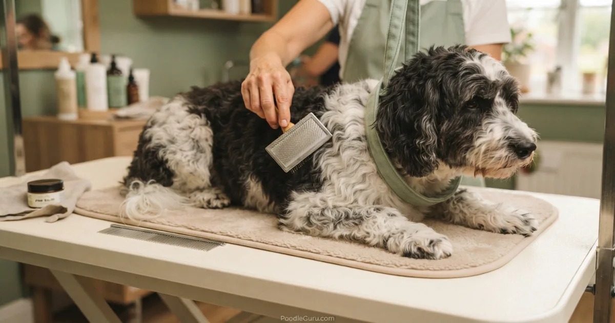 Bordoodle being line-brushed with a slicker brush during a grooming session