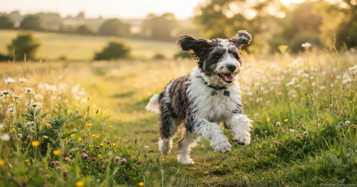 Bordoodle running through a sunlit meadow with joyful expression