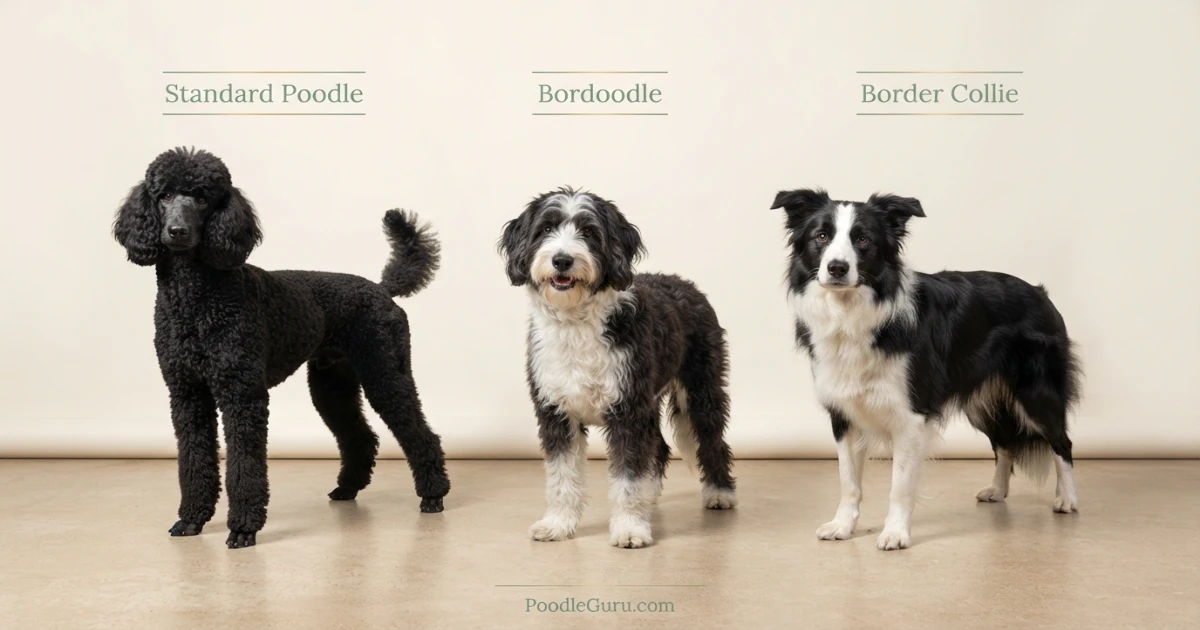 Side-by-side size comparison of Standard Poodle, Bordoodle, and Border Collie