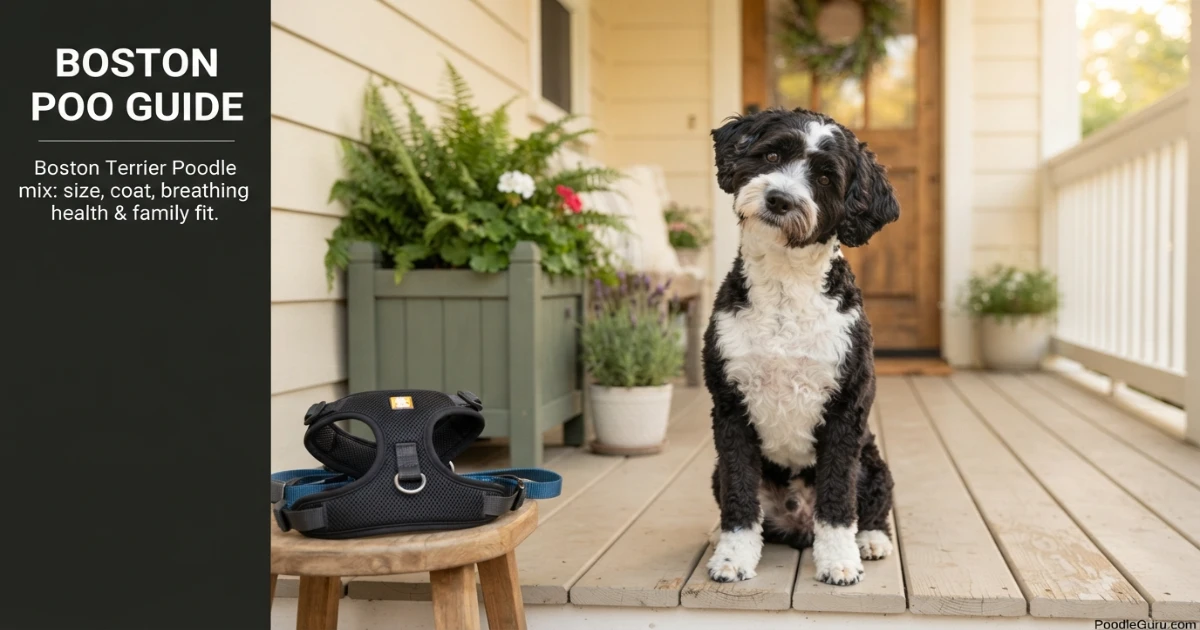 Boston Poo dog with black and white wavy coat on a porch