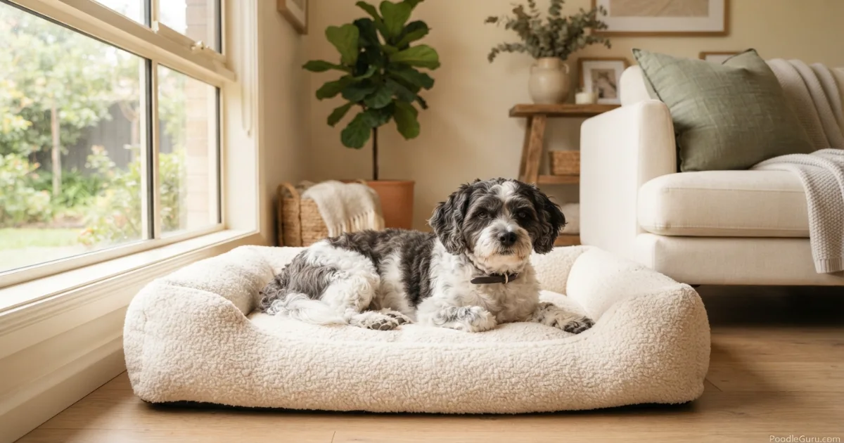 Boston Poo resting on a dog bed in a sunny room