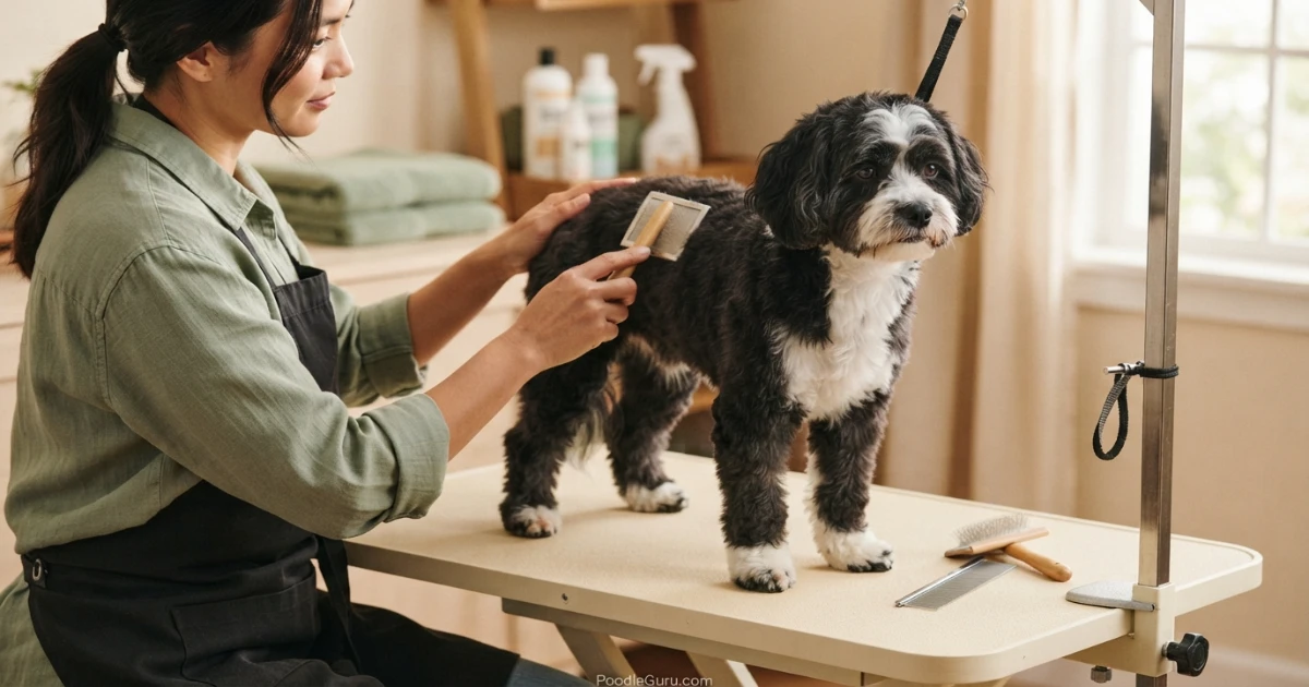 Boston Poo being brushed on a grooming table