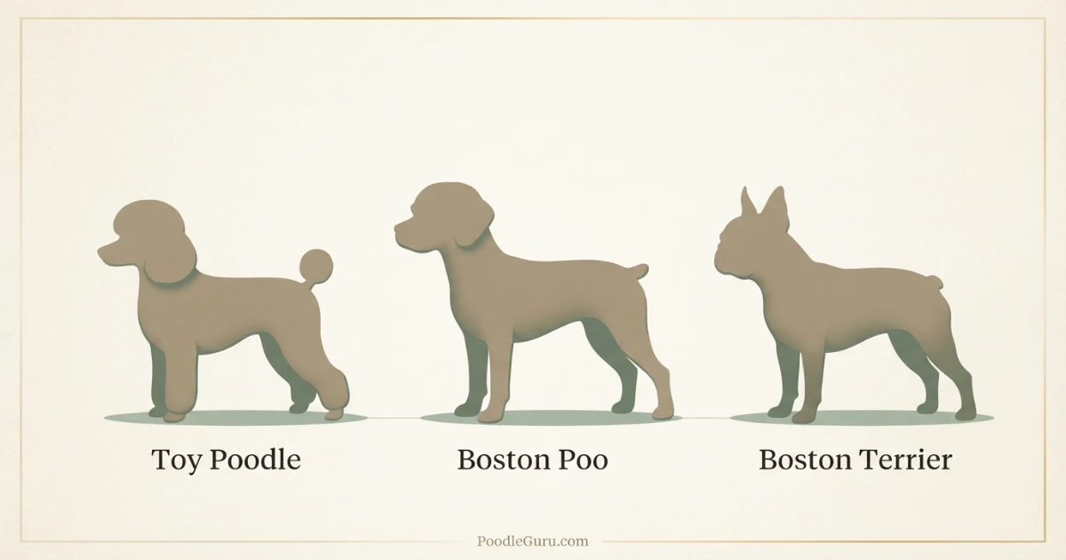 Silhouette comparison of Toy Poodle, Boston Poo, and Boston Terrier