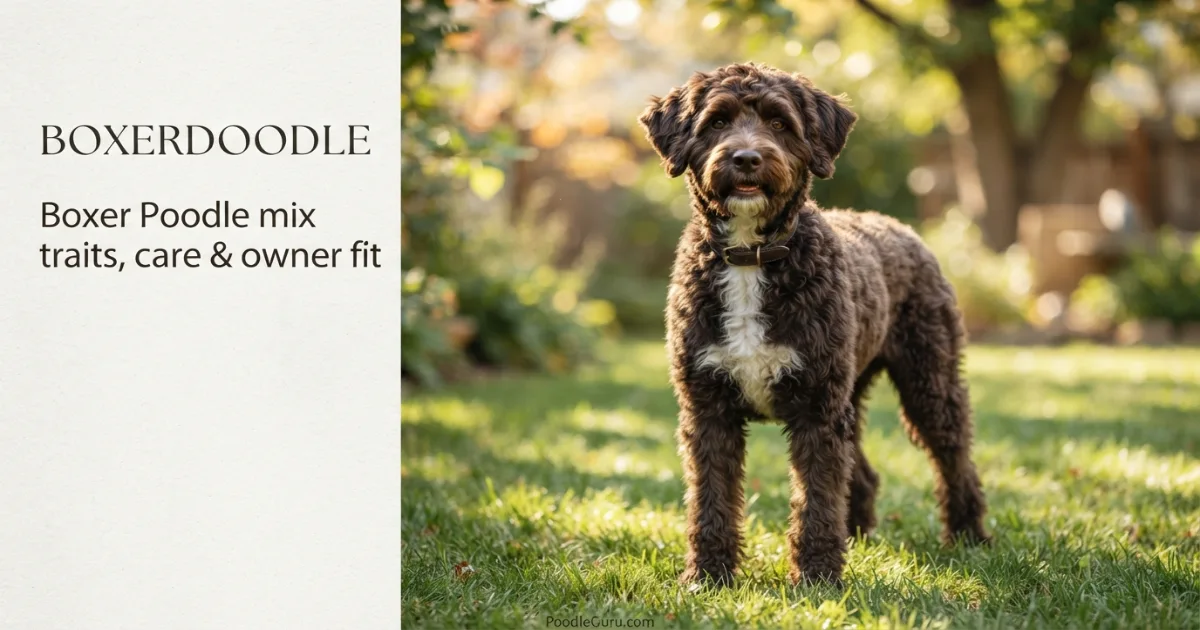 Adult Boxerdoodle dog with wavy brown coat and white chest standing in a yard