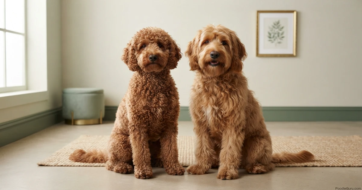 Two Boxerdoodle dogs side by side showing different coat types from curly to wavy