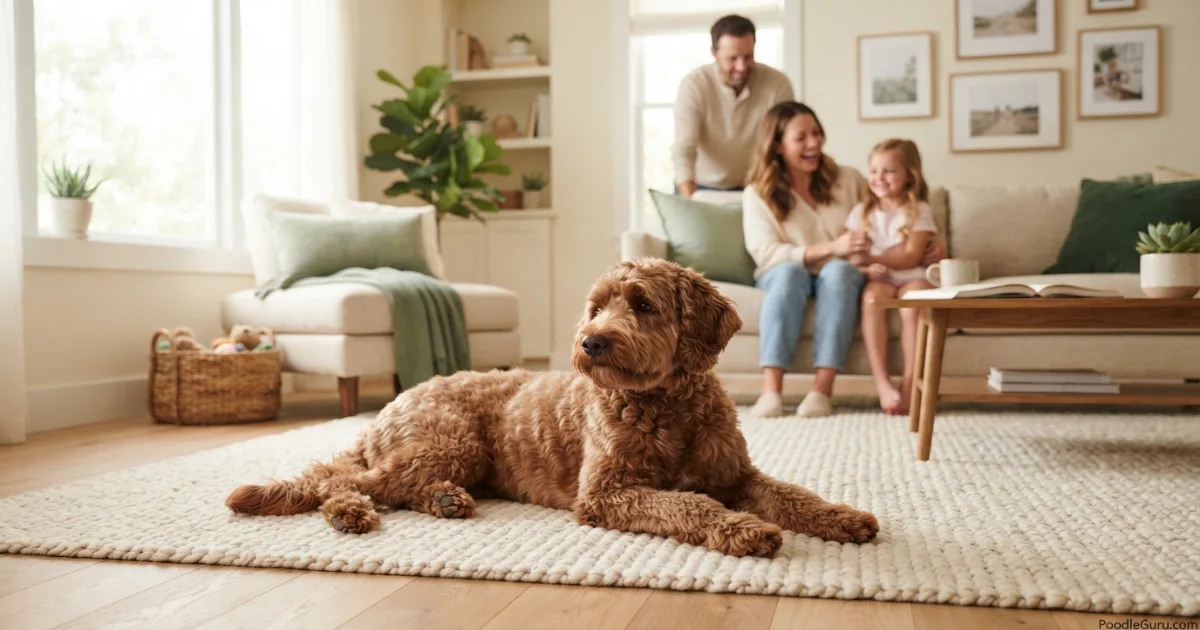 Boxerdoodle dog resting calmly in a bright family living room