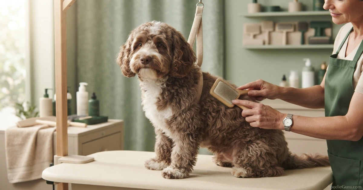 Boxerdoodle dog being brushed during a grooming session on a table