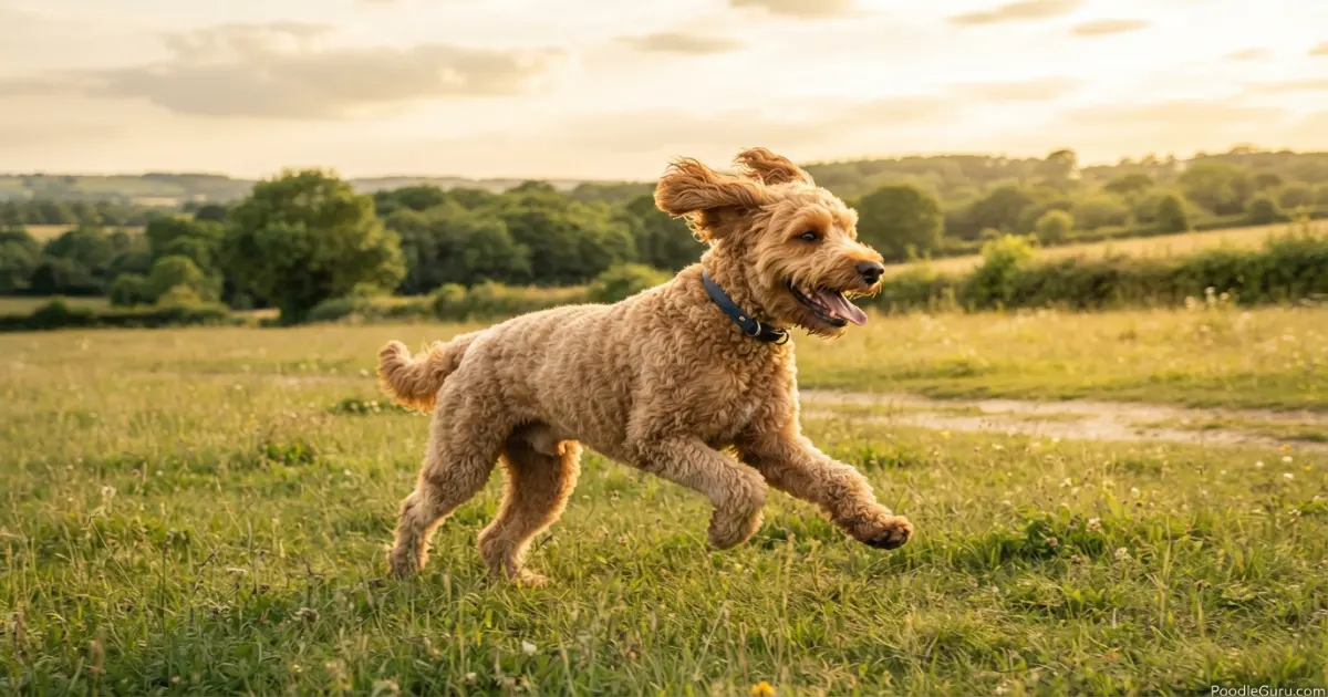 Boxerdoodle running with joyful expression across a sunlit grassy field