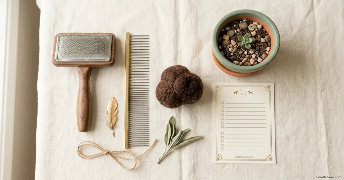 Poodle vs Lagotto Romagnolo preparation tools with grooming brush truffle toy digging pot and checklist