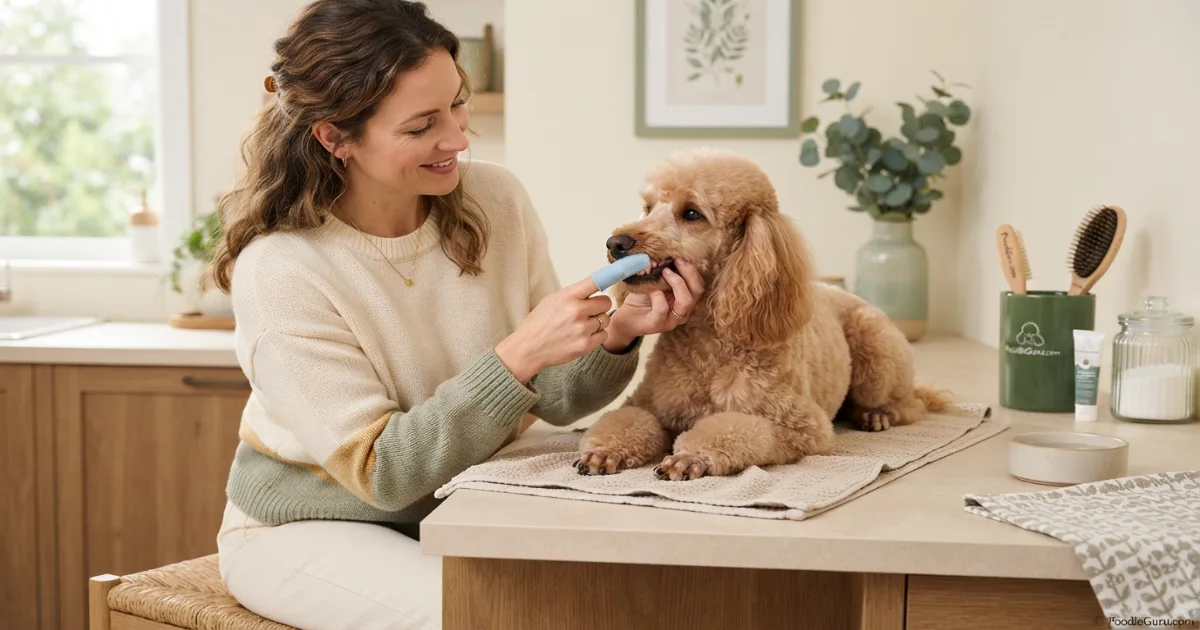 Owner brushing a Poodle teeth at home to reduce dental cleaning cost