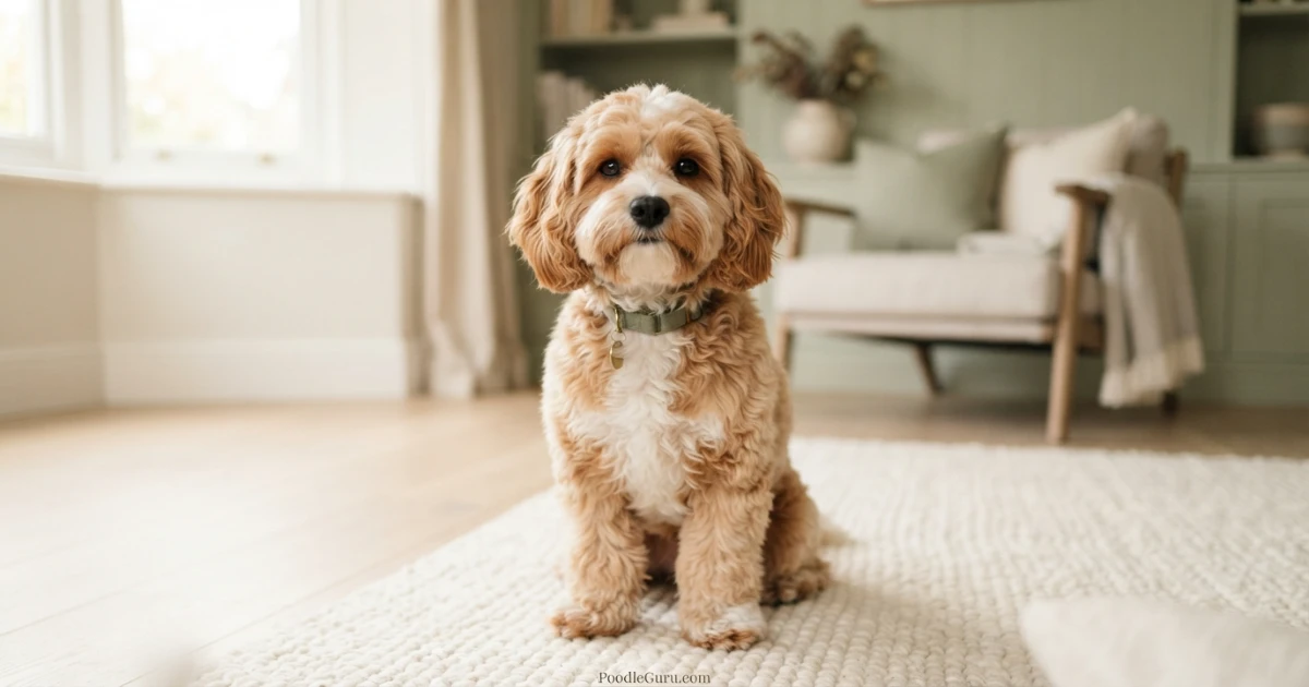 Fluffy apricot-and-white adult Cavapoochon sitting on cream rug in natural light