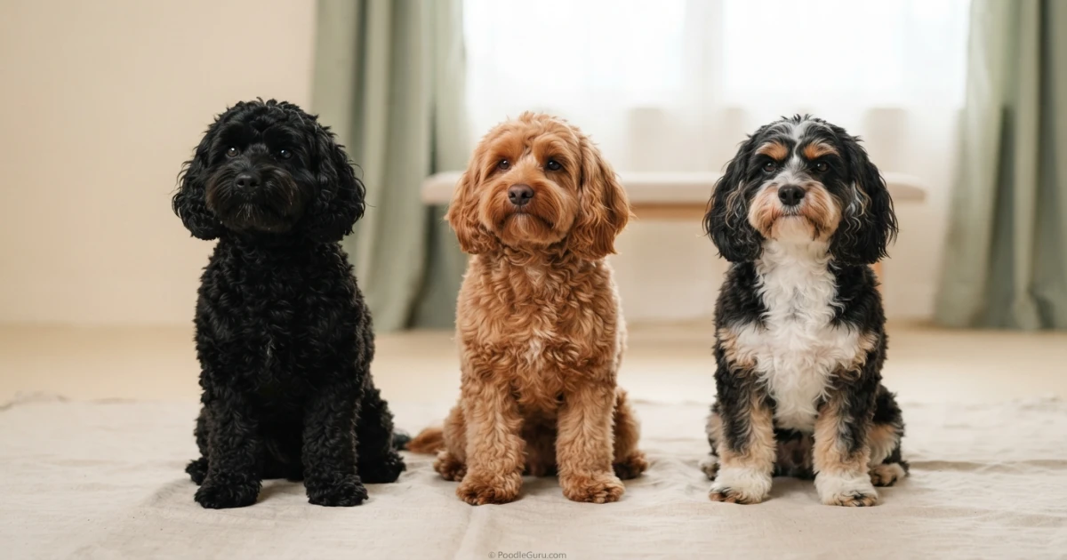 Three Cavapoochons showing curly, wavy, and silky straight coat variations in studio comparison