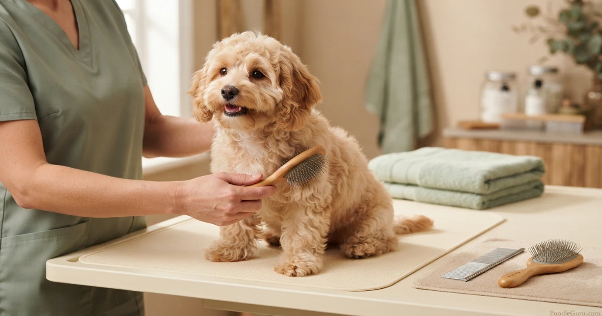 Cavapoochon being brushed on grooming table with pin brush and metal comb