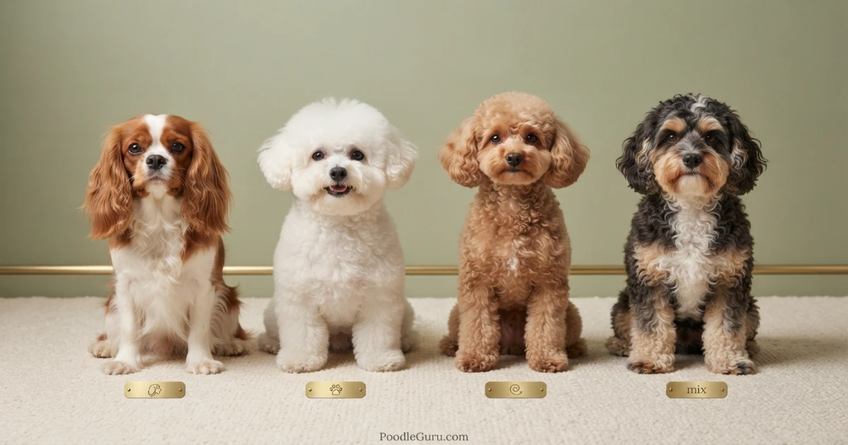 Cavalier, Bichon Frise, Toy Poodle, and Cavapoochon standing side by side for breed comparison