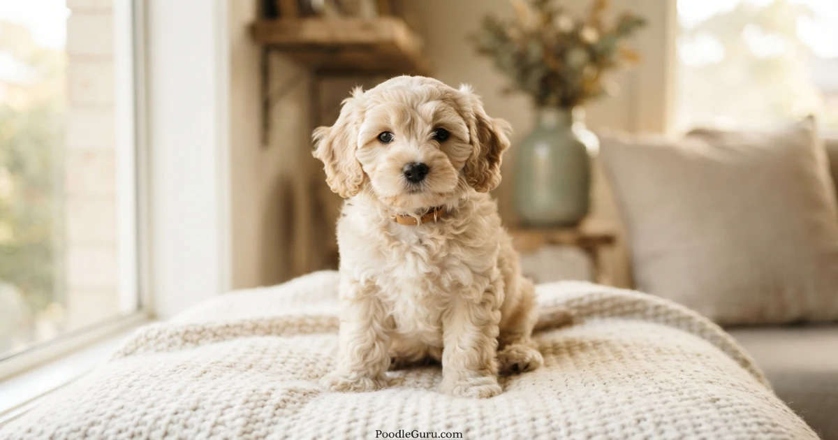 10-week-old Cavapoochon puppy with wavy cream coat sitting on blanket in window light