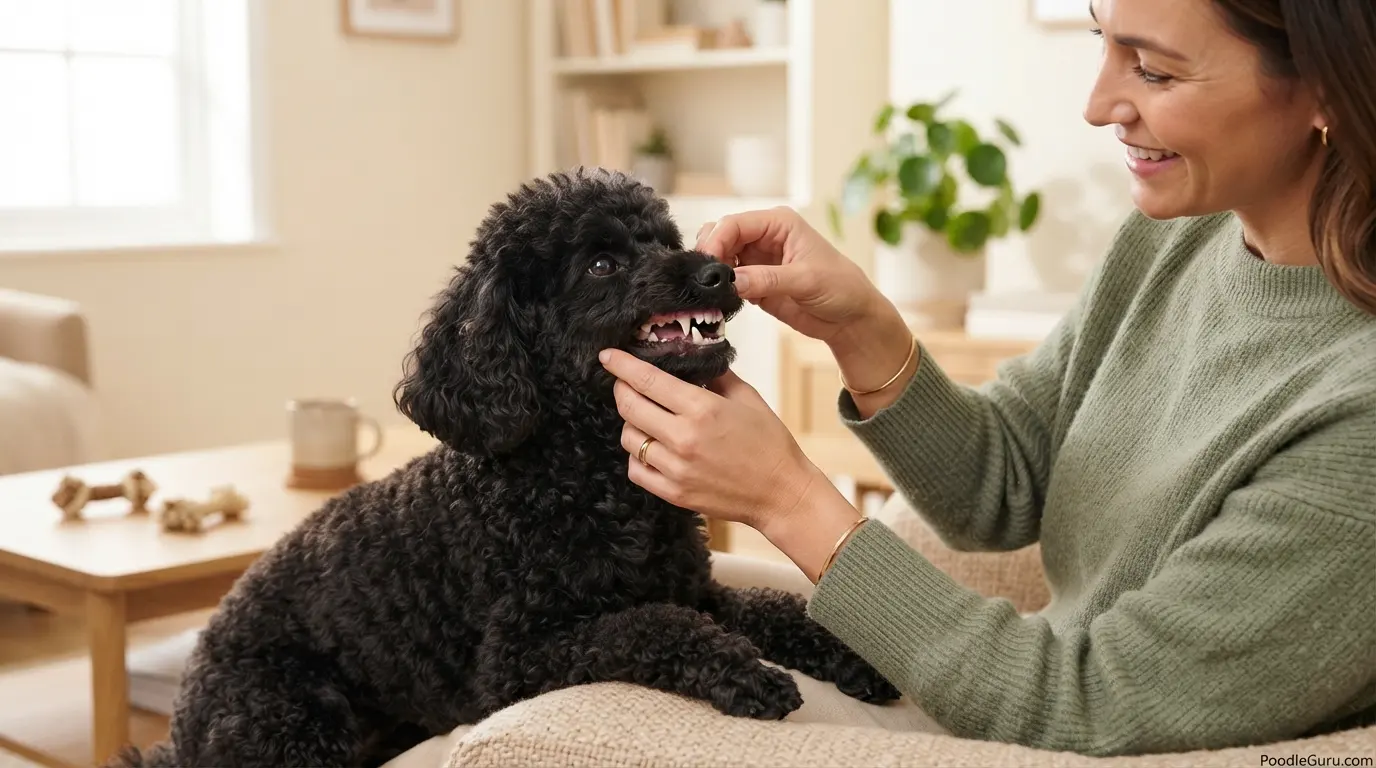 Owner gently checking a Miniature Poodle mouth after a dental chew session