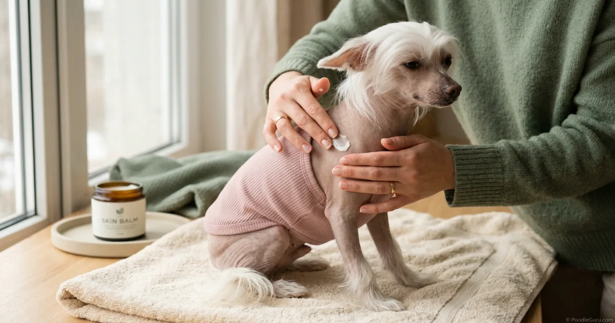 Chinese Crested dog receiving skin moisturizing routine with pet-safe lotion
