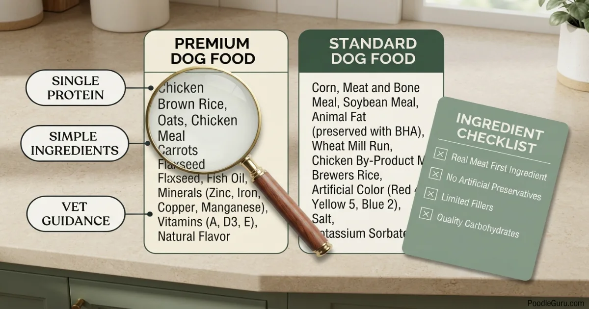 Side-by-side comparison of a long ingredient label versus a short whole-food ingredient label for dog food
