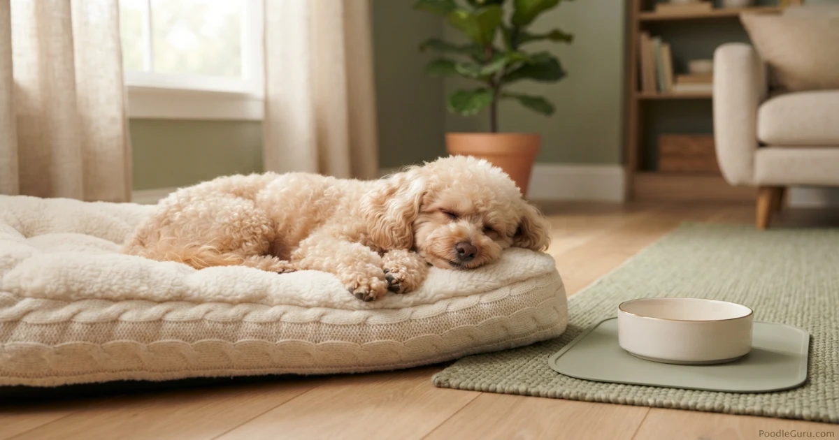 Relaxed cream Toy Poodle lying on a bed after eating a meal that agreed with its stomach