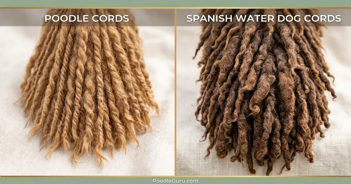 Poodle vs Spanish Water Dog coat texture comparison showing neat Poodle cords and rustic Spanish Water Dog cords