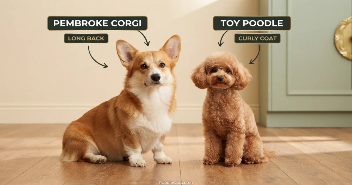 Three Corgipoo puppies showing red sable black and tan and cream coat variety