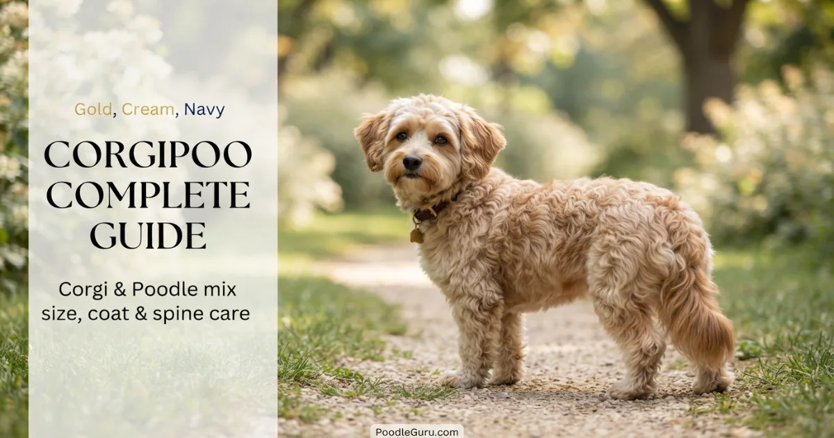 Corgipoo complete guide with sable Corgi Poodle mix on grassy path