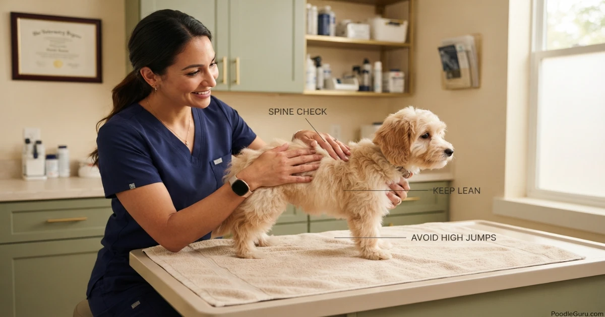 Veterinarian checking Corgipoo puppy spine for structural health