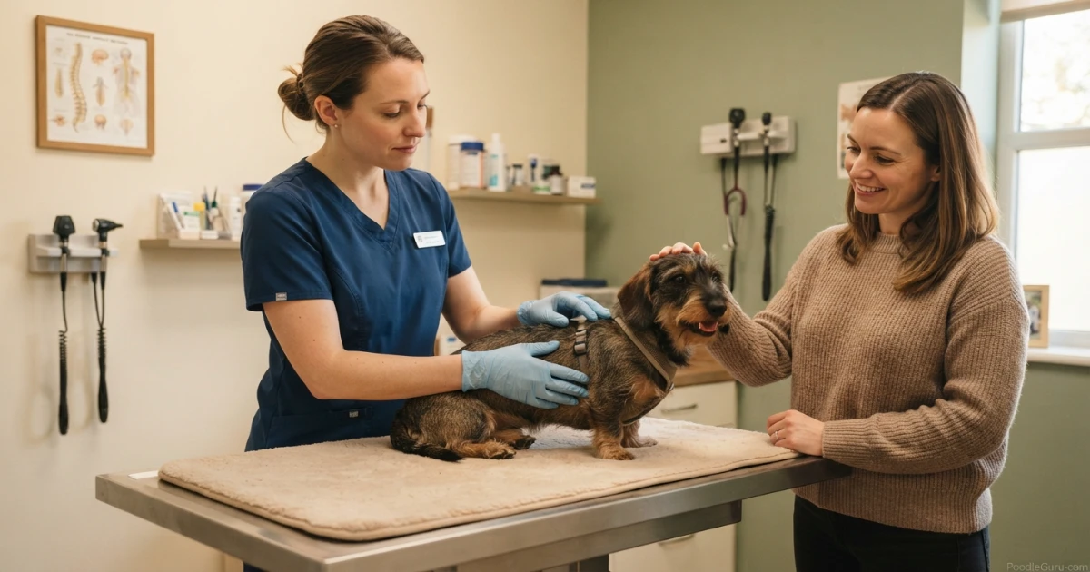 Veterinarian checking a Dachshund's spine — back health is a primary concern when comparing poodle vs dachshund ownership