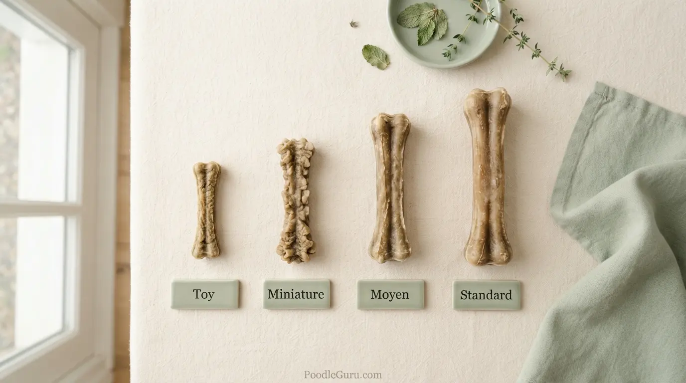 Dental chew size comparison for Toy Miniature Moyen and Standard Poodles