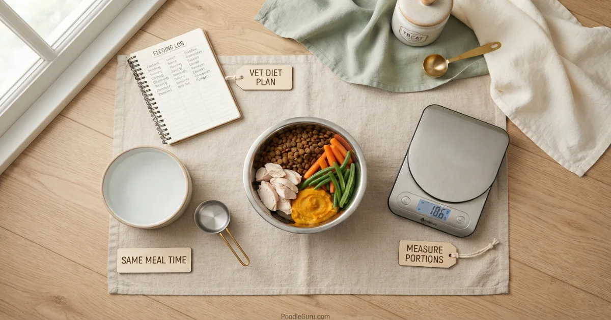 Measured diabetic poodle meal with water bowl for consistent feeding routine
