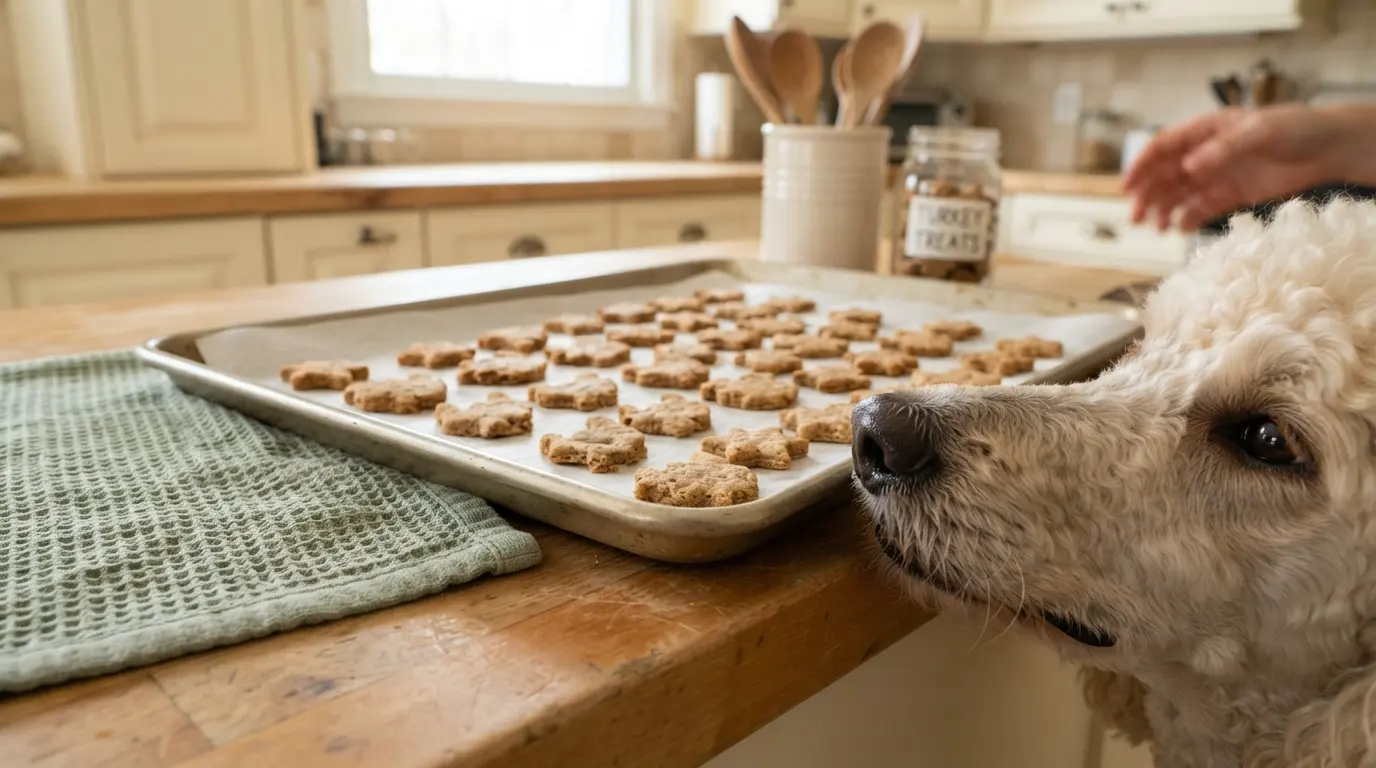 Freshly baked homemade low-calorie dog training treats on a baking sheet