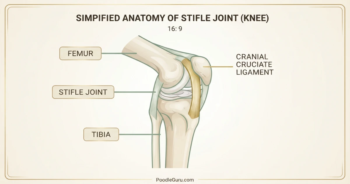 Dog stifle joint anatomy showing cranial cruciate ligament for poodle ACL injury education