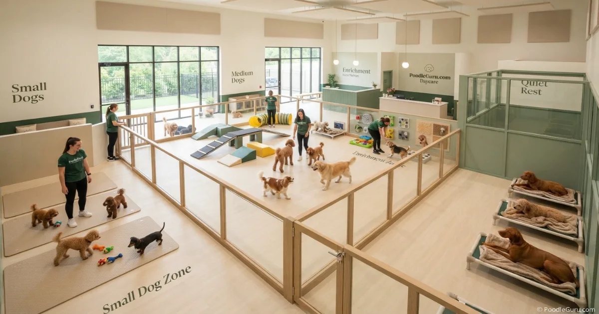 Dog daycare facility zones for poodle daycare safety and rest planning