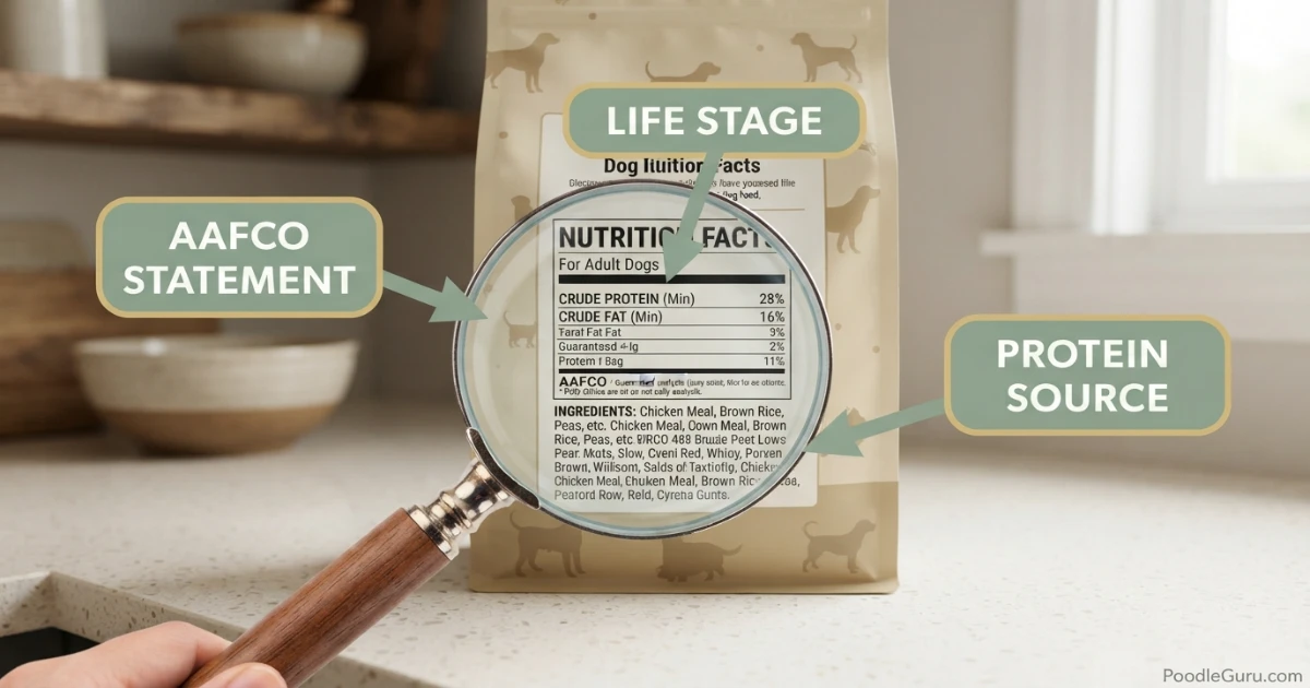 Magnifying glass over dog food ingredient list showing protein and fat content