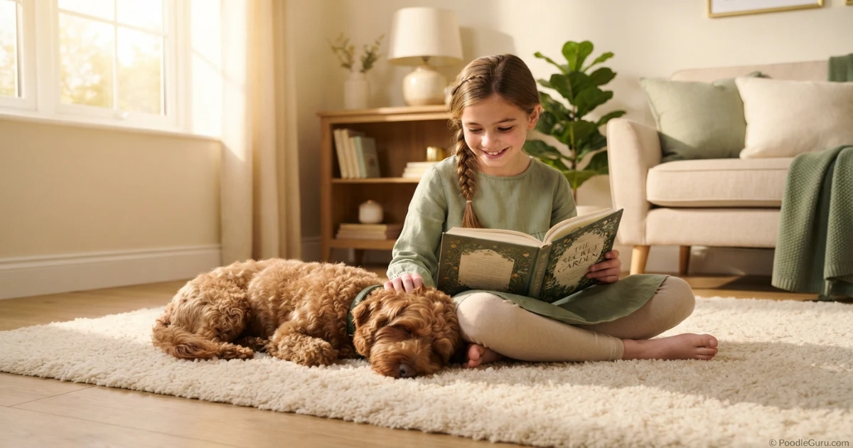 Doxiepoo lying beside a child reading on a rug