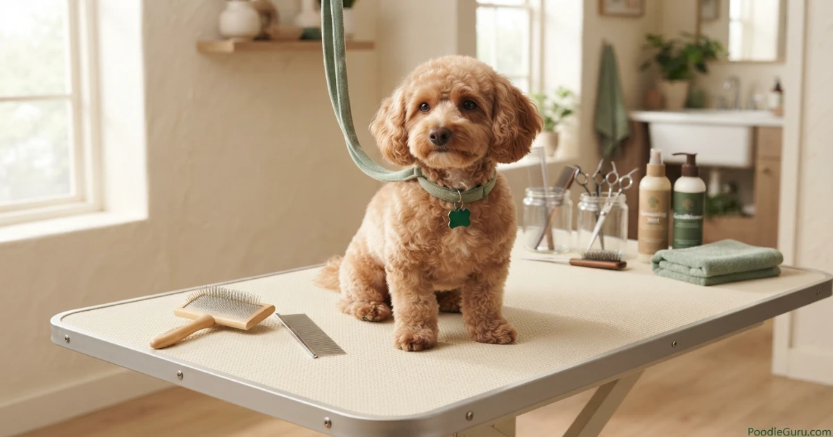 Doxiepoo on a grooming table with brushes