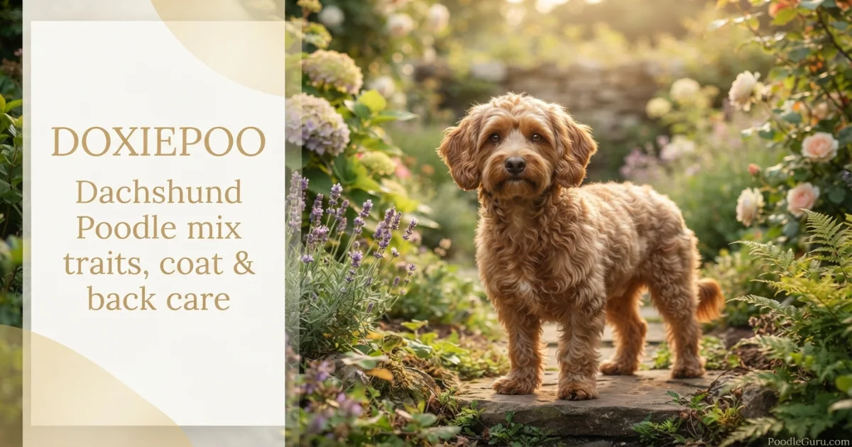 Doxiepoo dog with wavy caramel coat in a garden