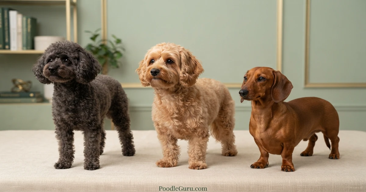 Size comparison silhouette of Toy Poodle, Doxiepoo, and Miniature Dachshund