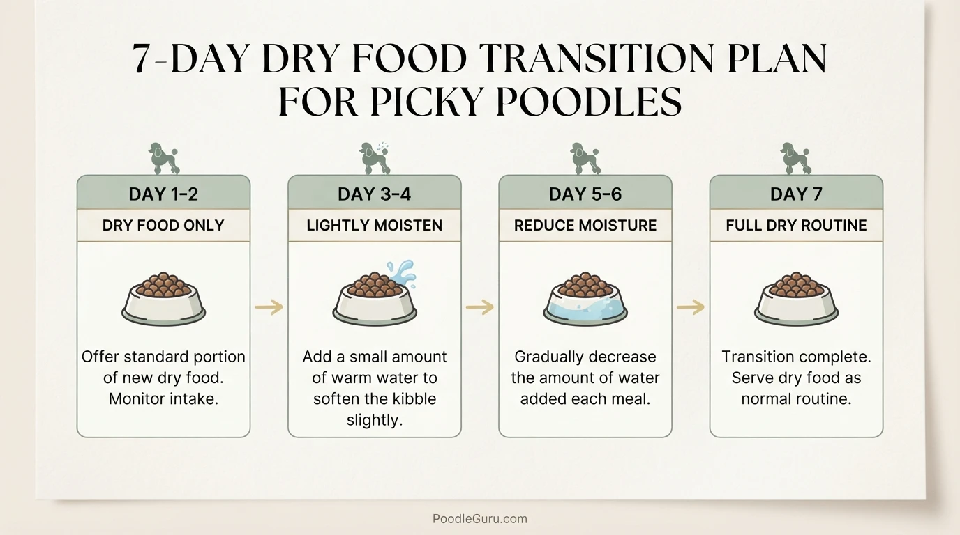 Visual 7-day transition chart from softened food to dry kibble for poodles