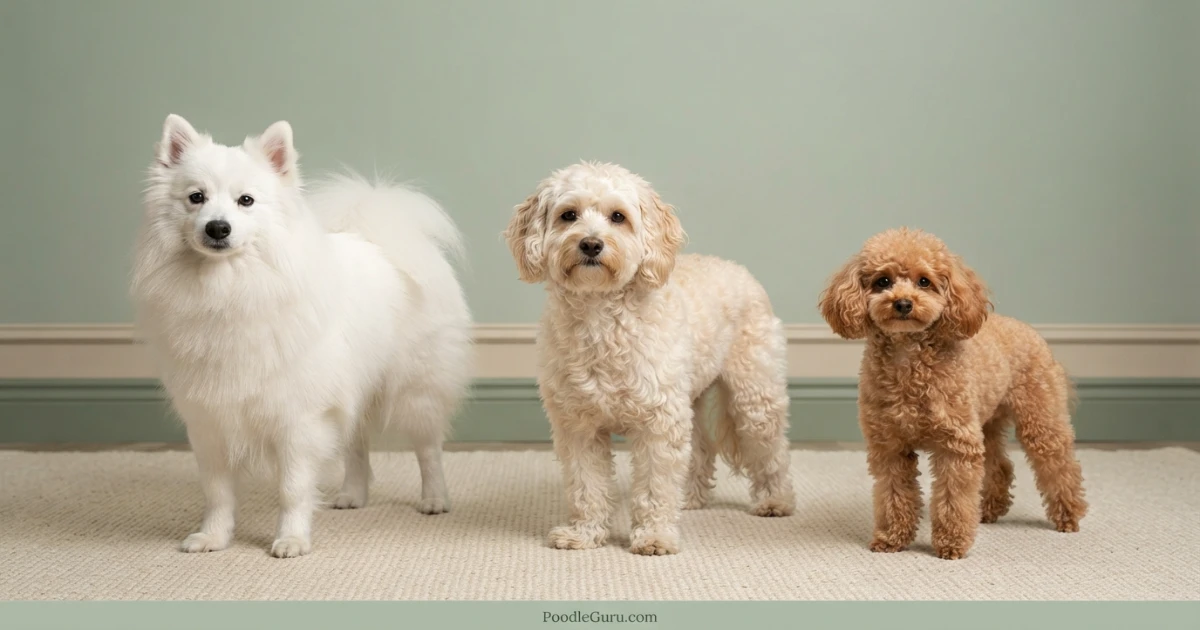American Eskimo Dog, Eskapoo, and Toy Poodle standing side by side for size and coat comparison