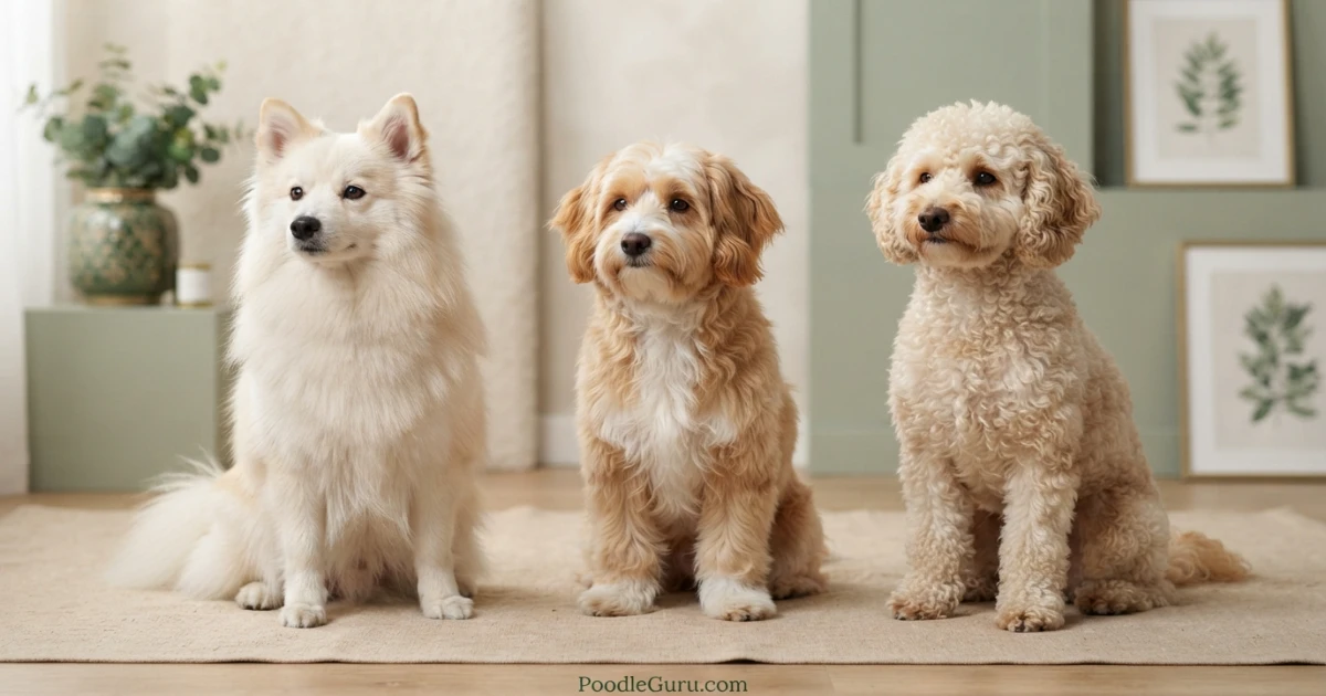 Three Eskapoos showing thick double coat, wavy mixed coat, and curly coat variations in studio comparison