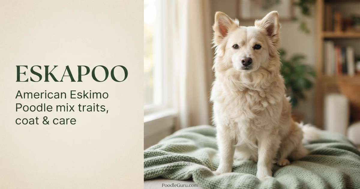 Adult cream-colored Eskapoo with wavy coat sitting on sage-green blanket